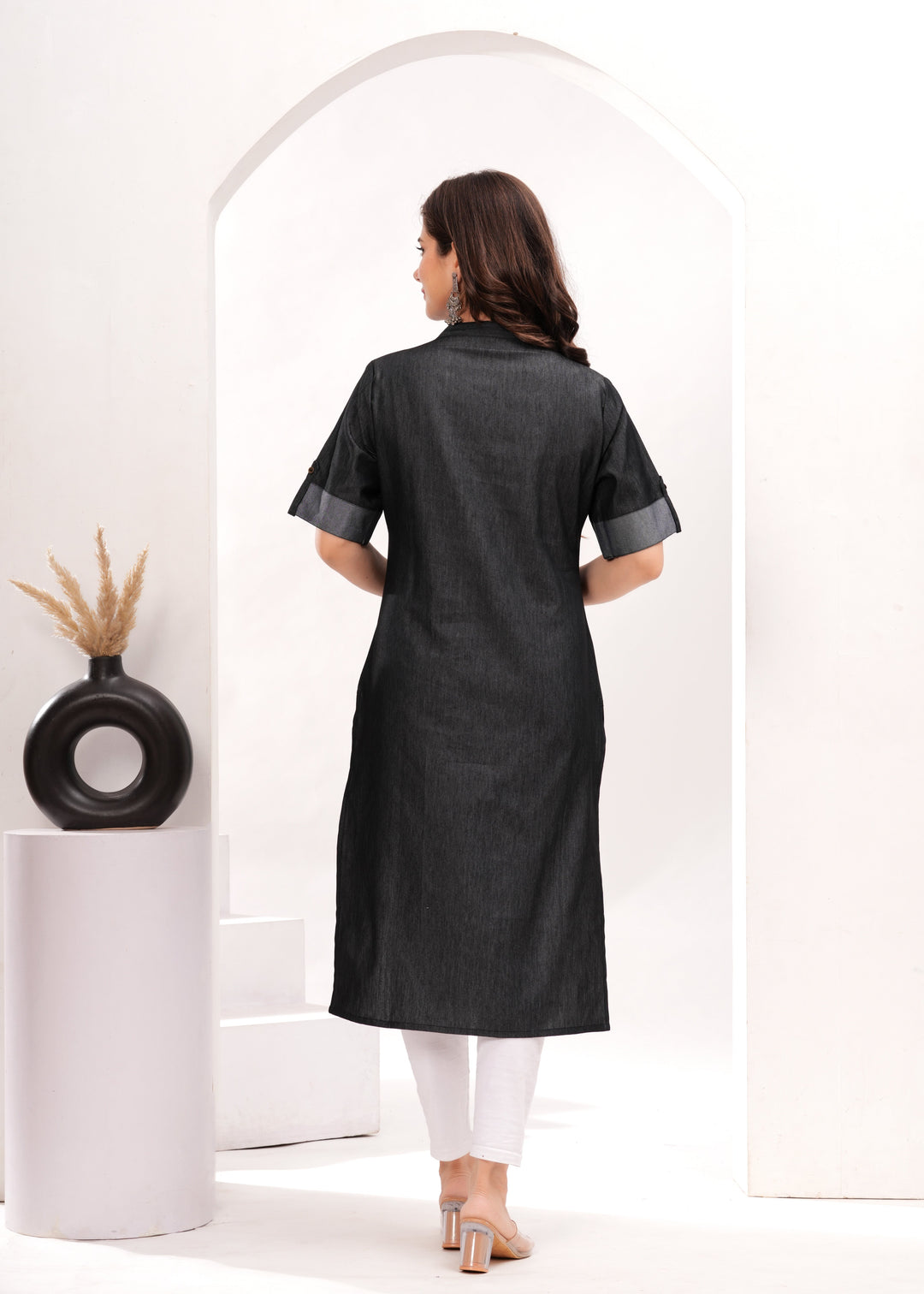 Black Denim Cotton Blend Straight Kurta