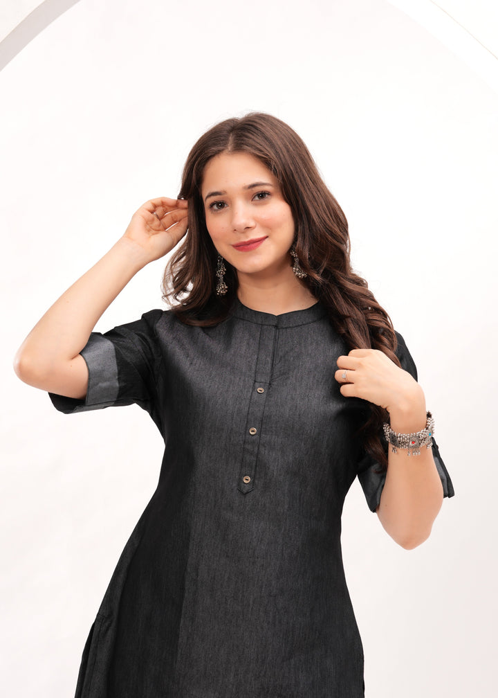 Black Denim Cotton Blend Straight Kurta