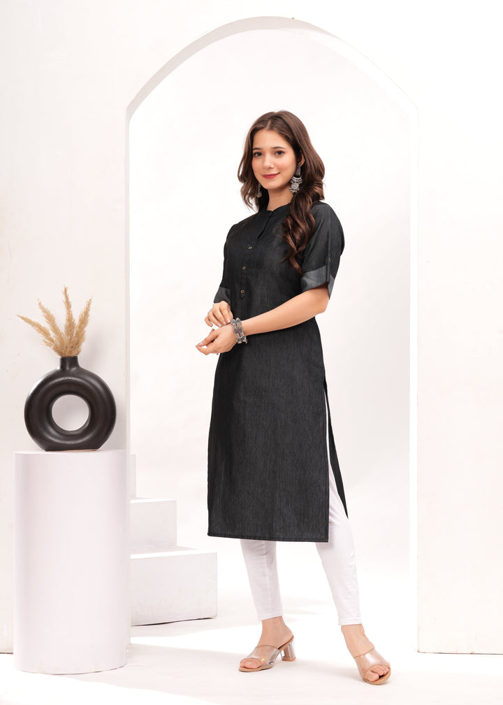 Black Denim Cotton Blend Straight Kurta