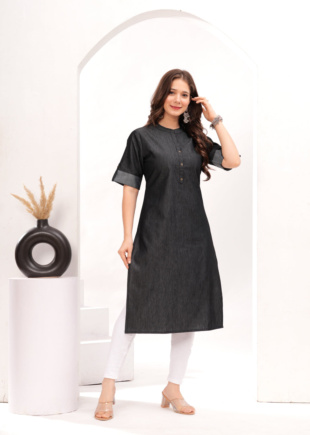 Black Denim Cotton Blend Straight Kurta