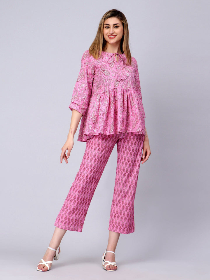 Pink Pure Cotton Peplum Co-Ord Set