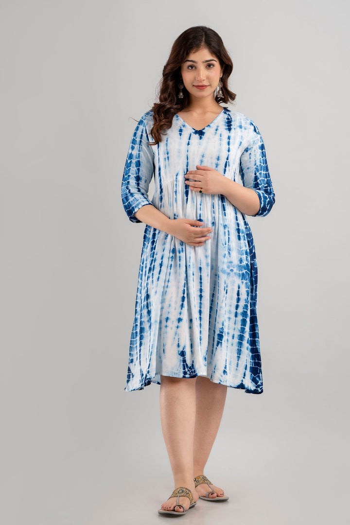 Blue Rayon Shibori Tie-Dye Maternity & Feeding Dress