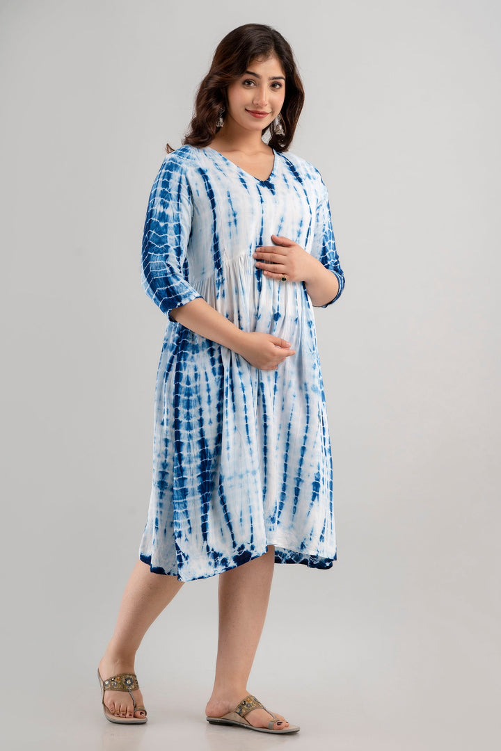 Blue Rayon Shibori Tie-Dye Maternity & Feeding Dress