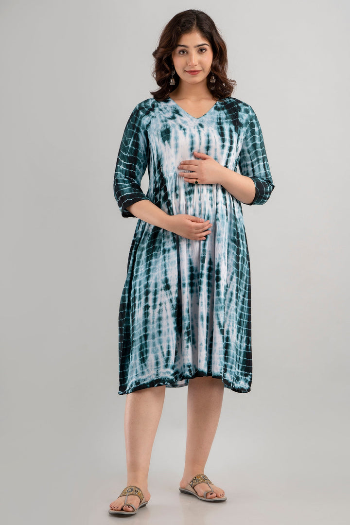 Green Rayon Shibori Tie-Dye Maternity & Feeding Dress