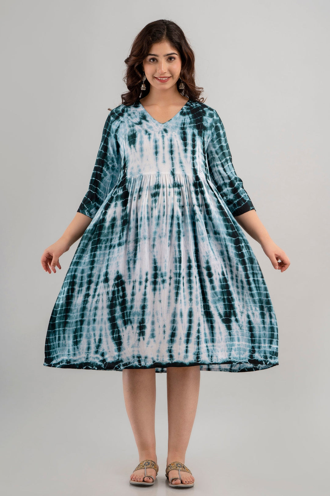 Green Rayon Shibori Tie-Dye Maternity & Feeding Dress