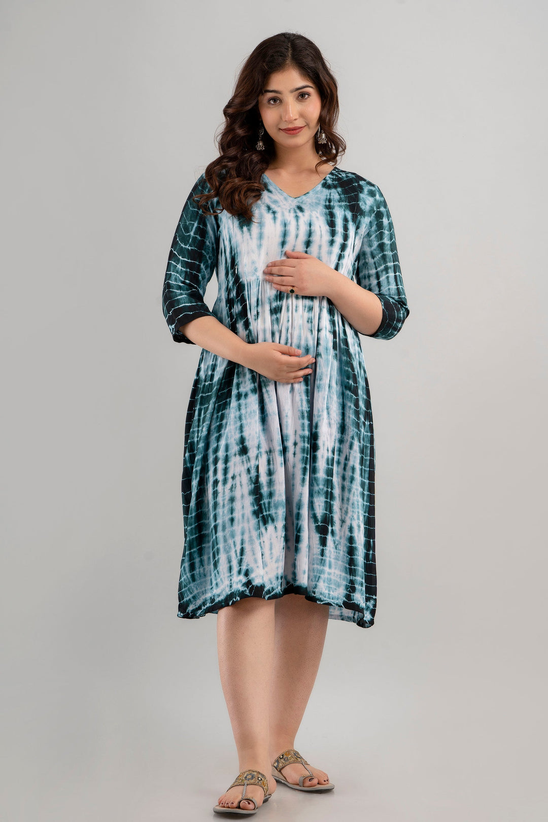 Green Rayon Shibori Tie-Dye Maternity & Feeding Dress