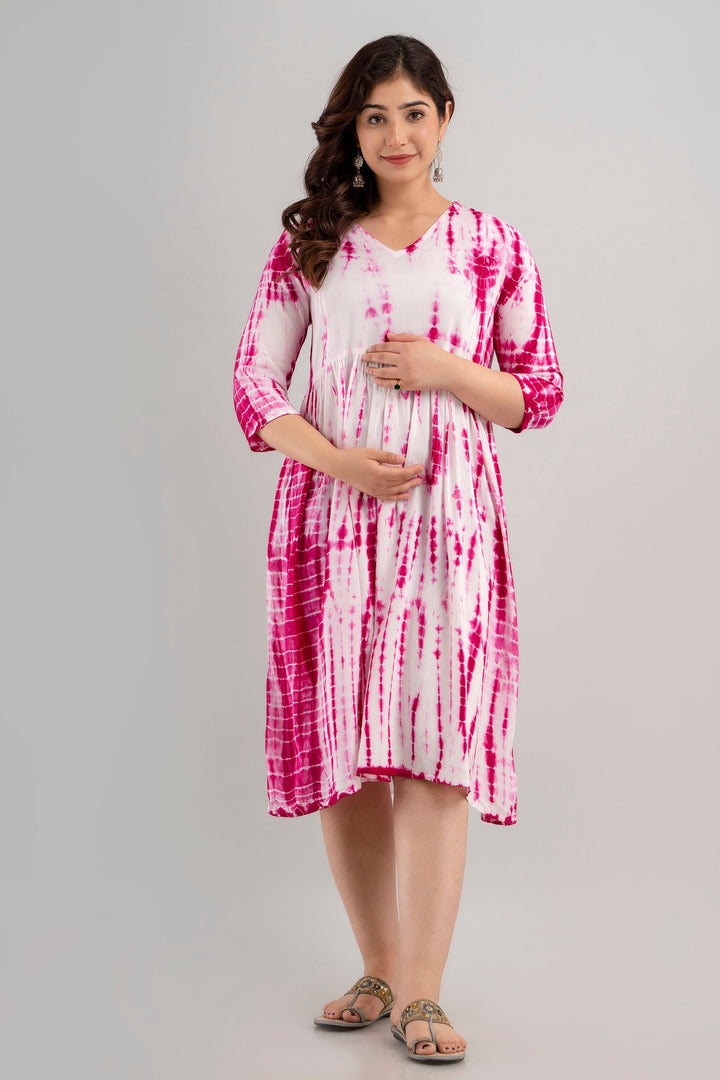 Pink Rayon Shibori Tie-Dye Maternity & Feeding Dress