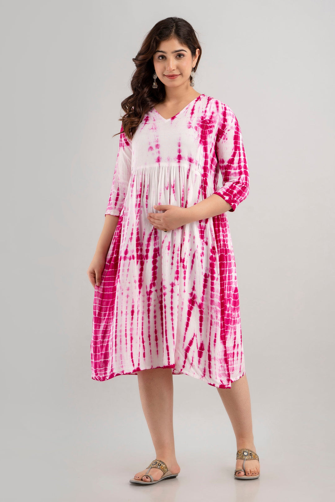 Pink Rayon Shibori Tie-Dye Maternity & Feeding Dress