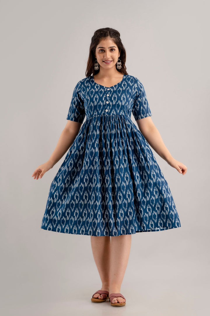 Navy Blue Cotton Ikat Printed Maternity Dress