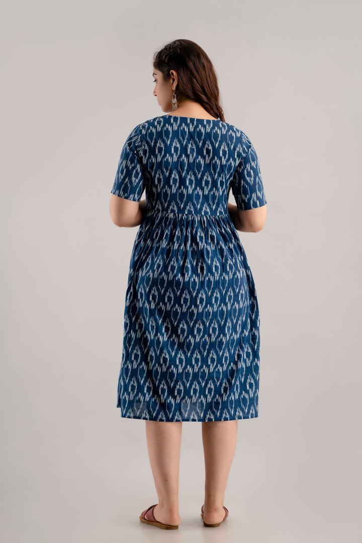 Navy Blue Cotton Ikat Printed Maternity Dress