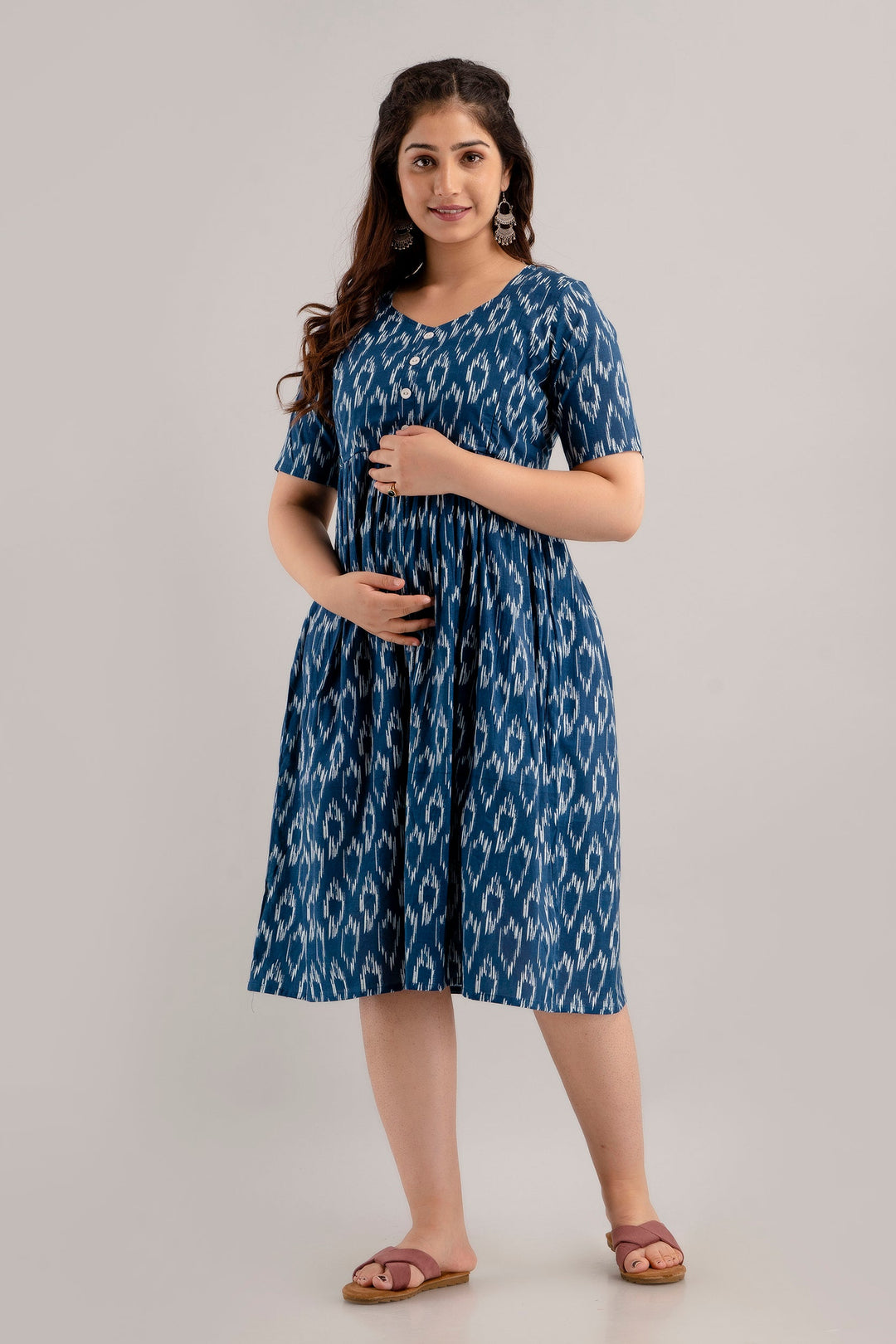 Navy Blue Cotton Ikat Printed Maternity Dress