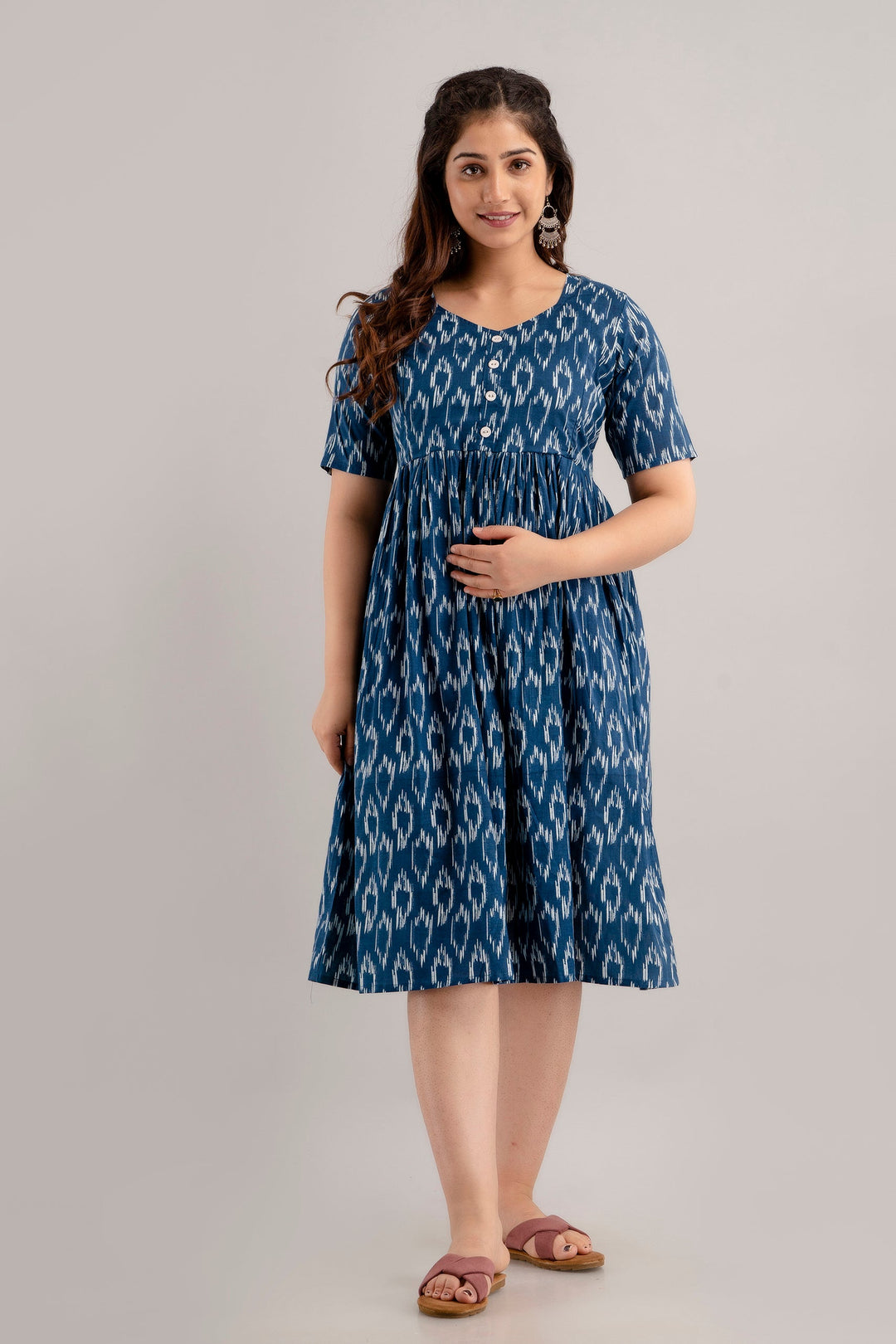 Navy Blue Cotton Ikat Printed Maternity Dress