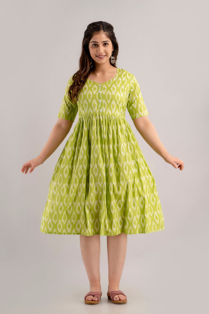 Lime Green Cotton Ikat Printed Maternity Dress