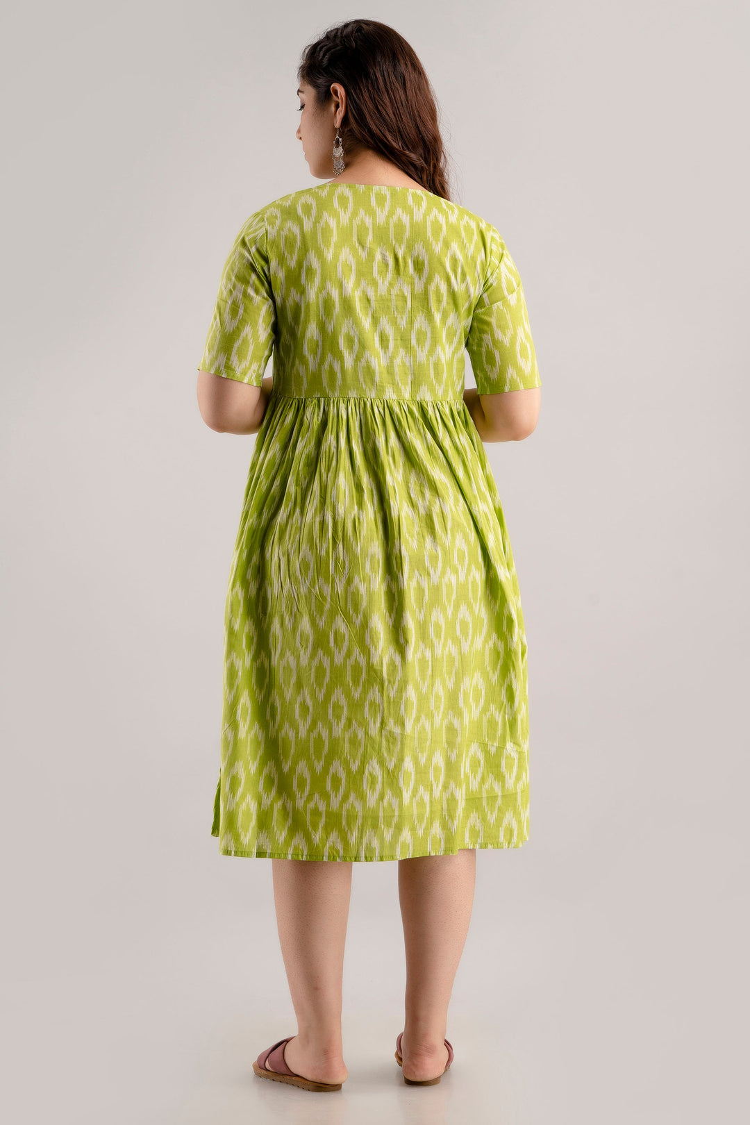 Lime Green Cotton Ikat Printed Maternity Dress