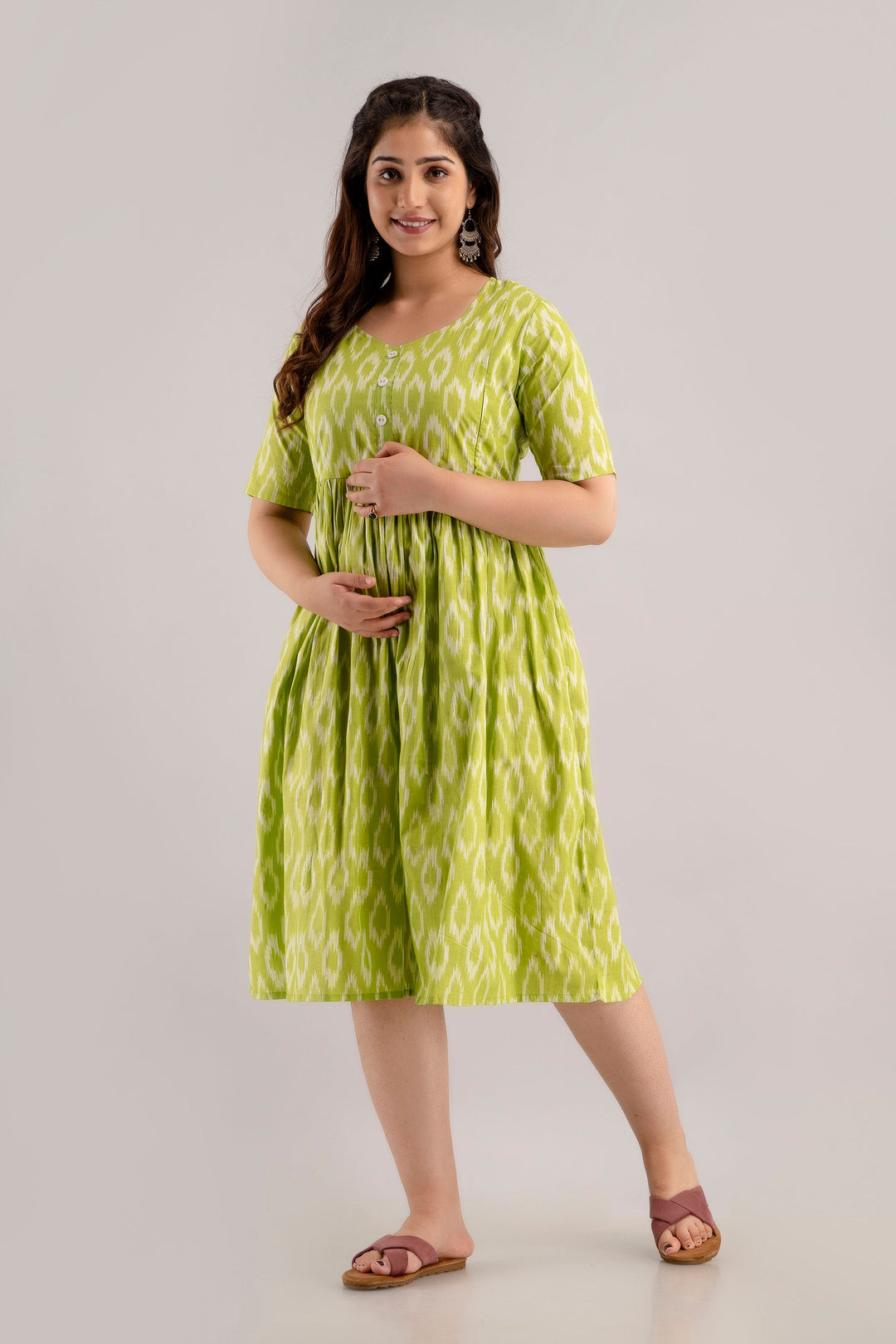 Lime Green Cotton Ikat Printed Maternity Dress