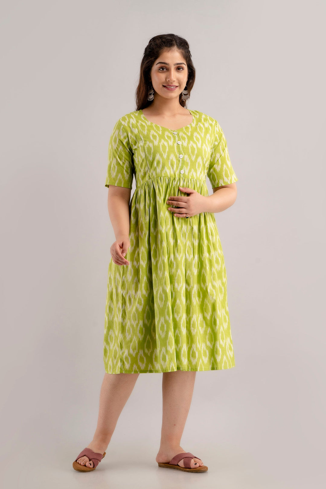 Lime Green Cotton Ikat Printed Maternity Dress