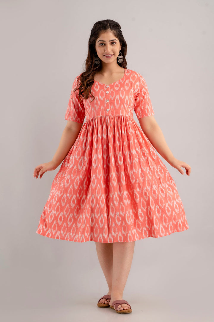 Coral Pink Cotton Ikat Printed Maternity Dress