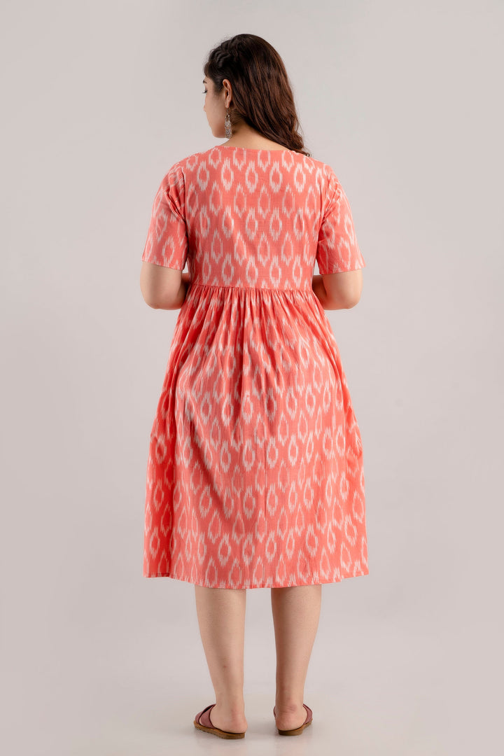 Coral Pink Cotton Ikat Printed Maternity Dress