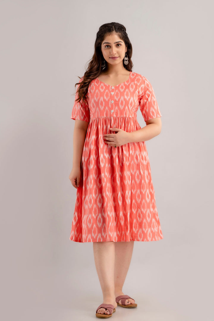 Coral Pink Cotton Ikat Printed Maternity Dress