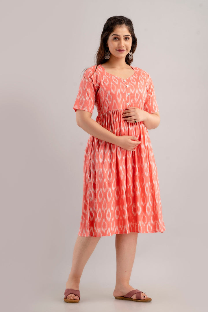 Coral Pink Cotton Ikat Printed Maternity Dress