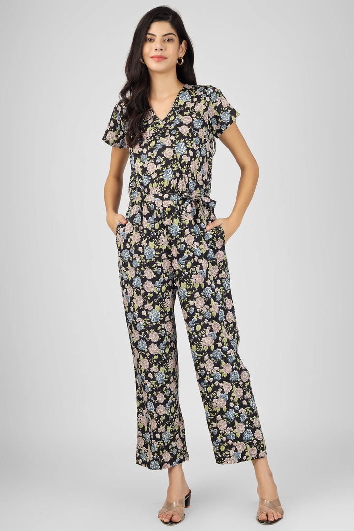 Black Poly Blend Delta Floral Print Jumpsuit