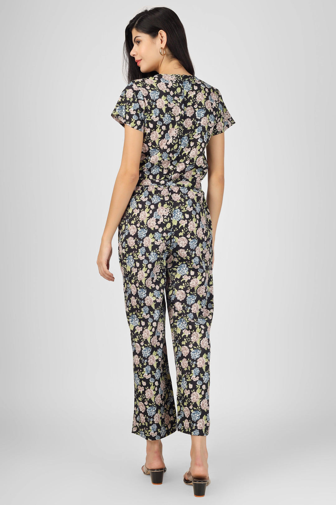 Black Poly Blend Delta Floral Print Jumpsuit