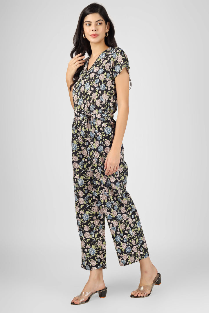 Black Poly Blend Delta Floral Print Jumpsuit