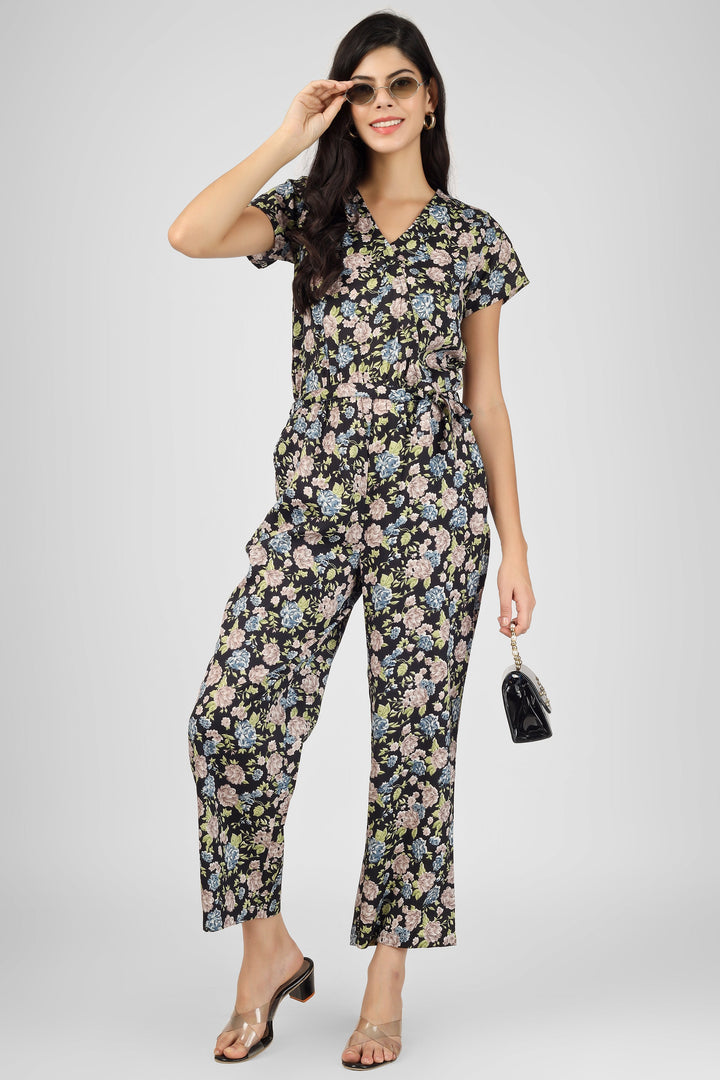 Black Poly Blend Delta Floral Print Jumpsuit