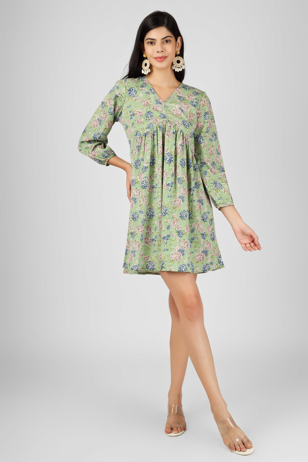 Green Wrinkled Poly Blend Printed Mini Dress