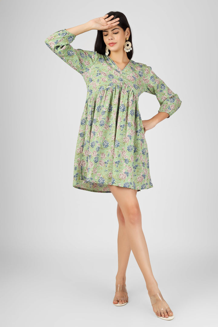 Green Wrinkled Poly Blend Printed Mini Dress