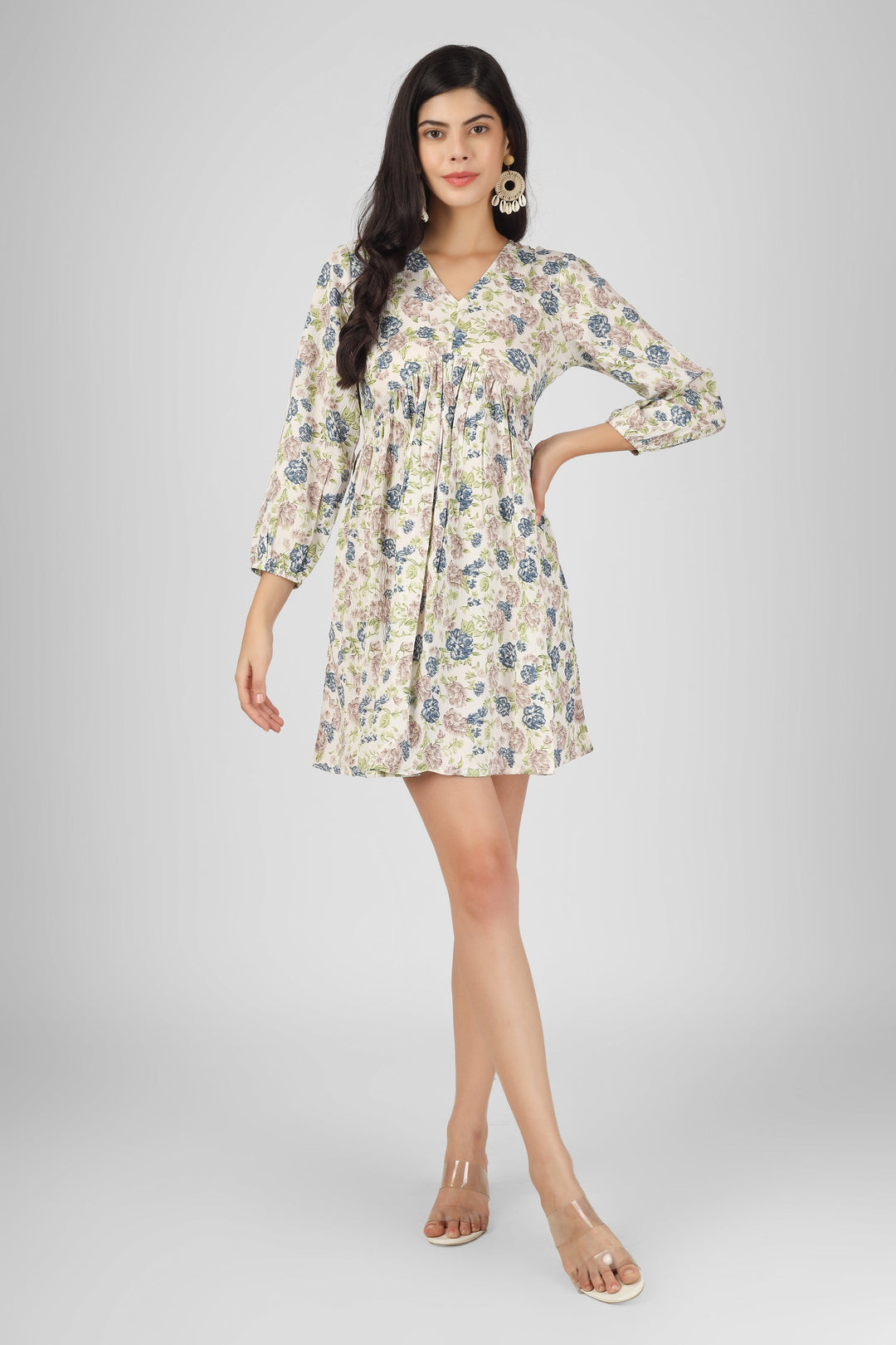 White Wrinkled Poly Blend Printed Mini Dress