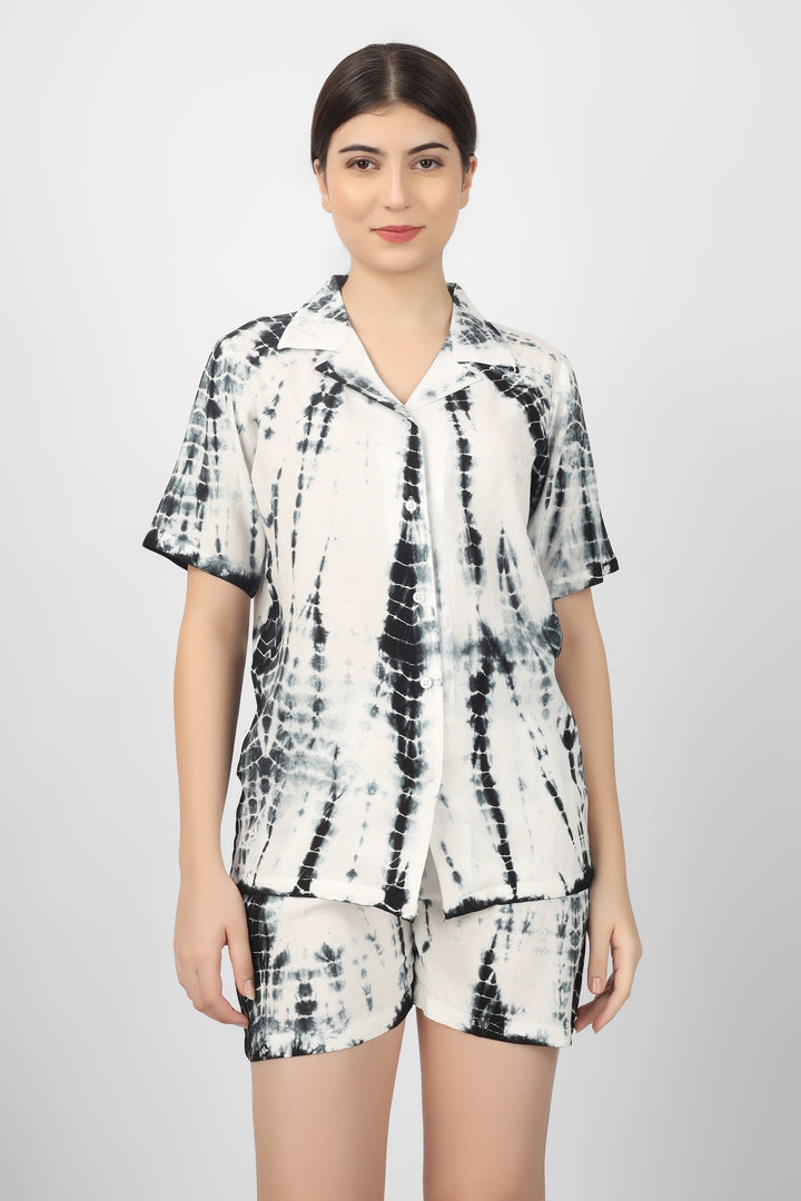 Black Rayon Shibori Print Mini Night Suit