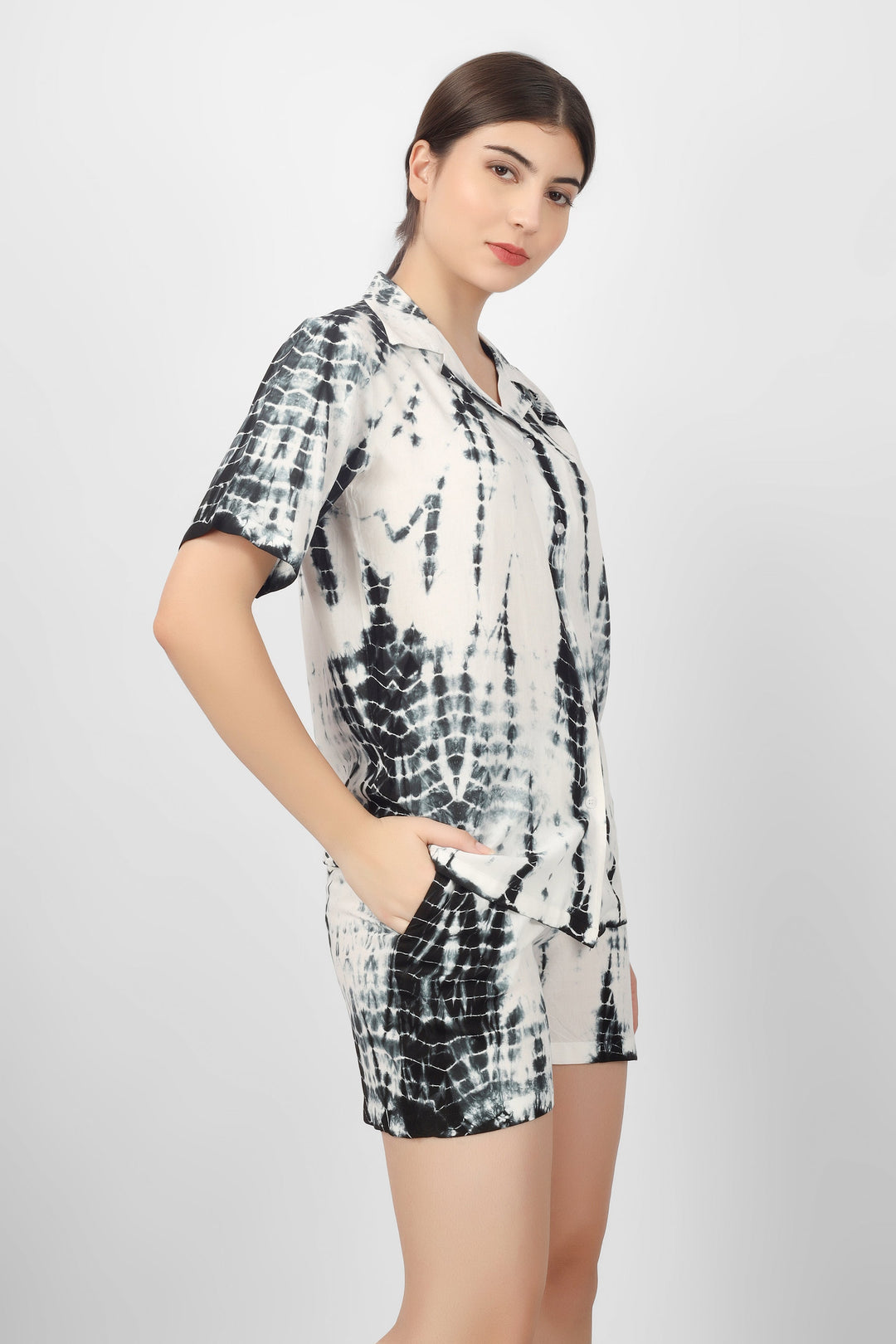 Black Rayon Shibori Print Mini Night Suit