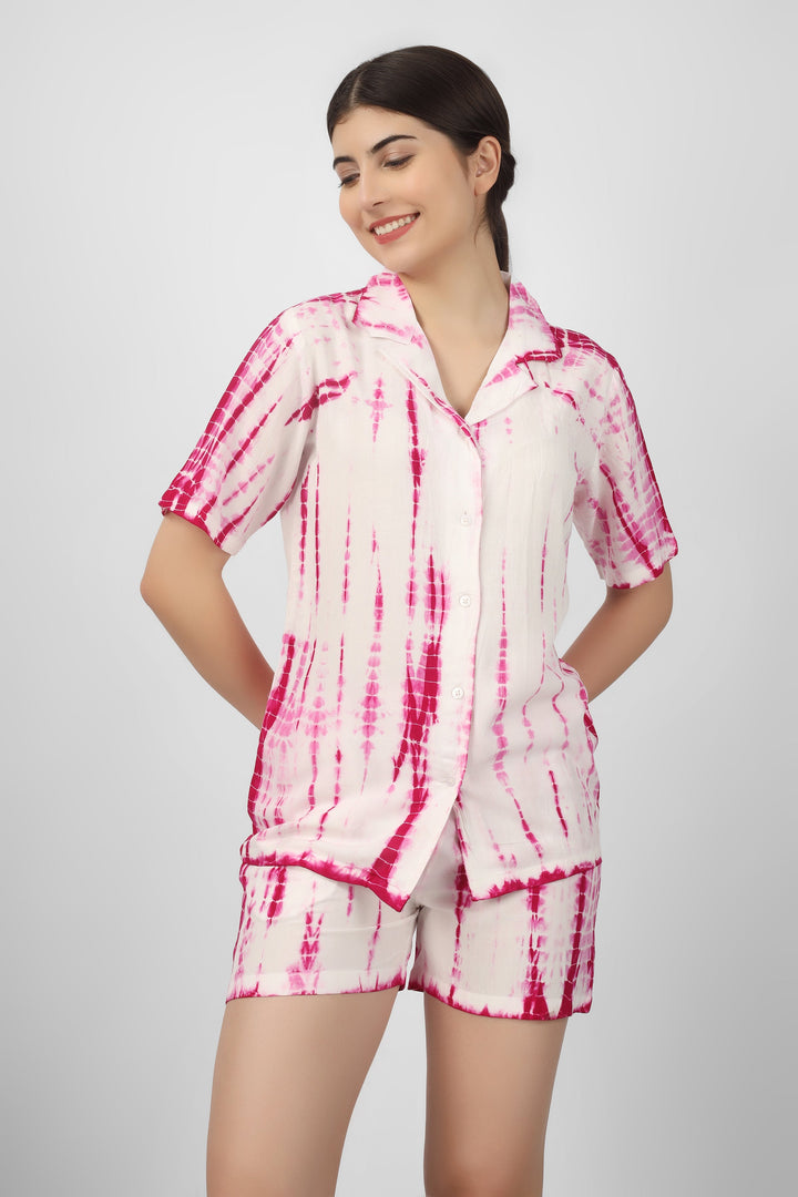 Pink Rayon Shibori Print Mini Night Suit