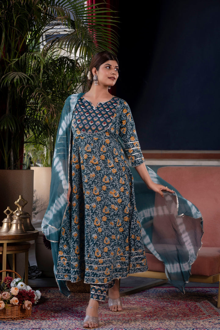 Teal Green Cotton Floral & Shibori Print Flared Kurta Set