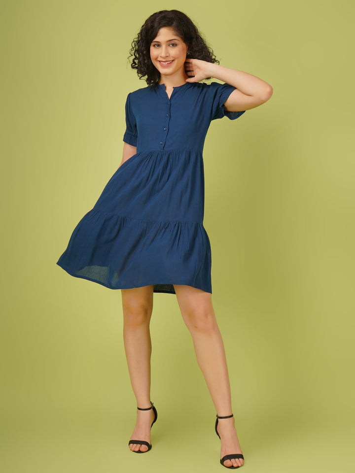 Blue Rayon Crush Fabric Solid Mini Dress