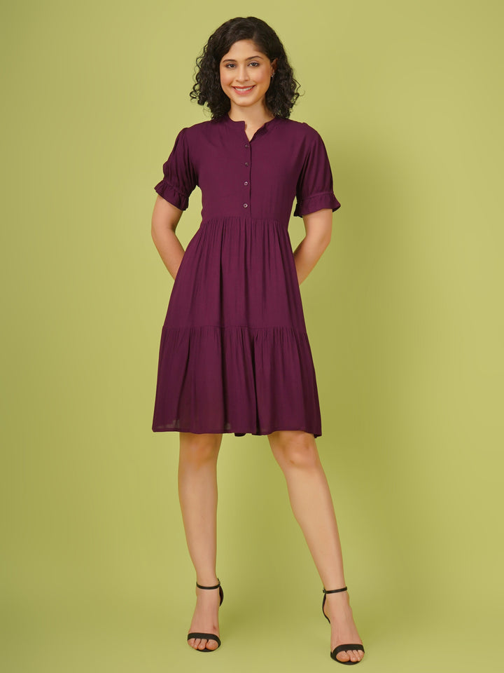 Wine Rayon Crush Fabric Solid Mini Dress