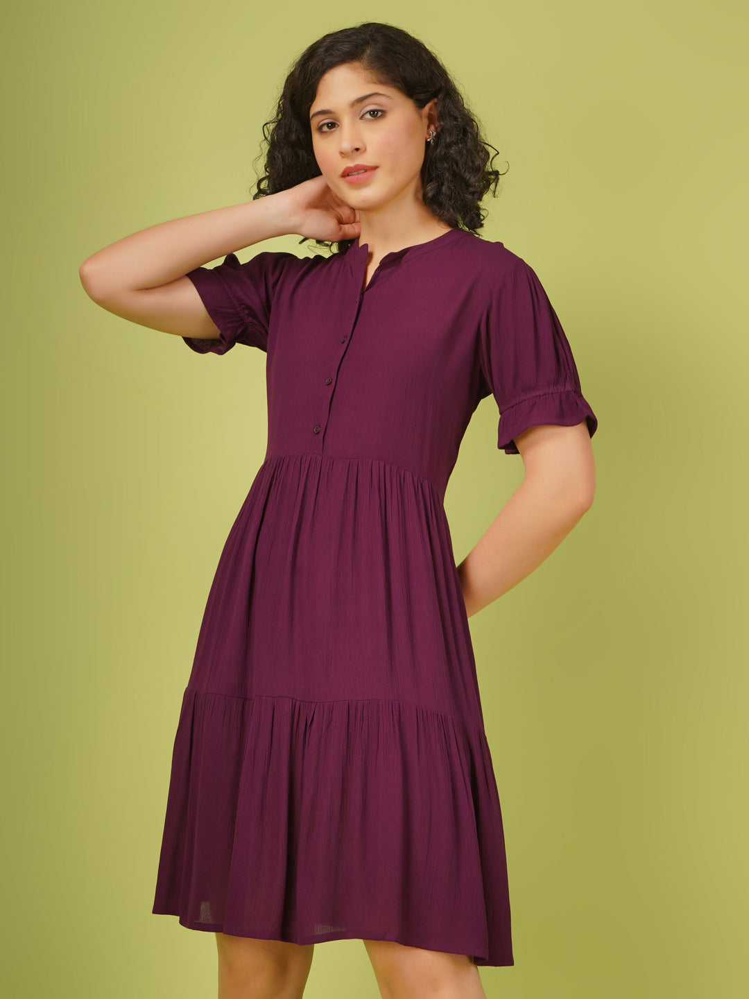 Wine Rayon Crush Fabric Solid Mini Dress