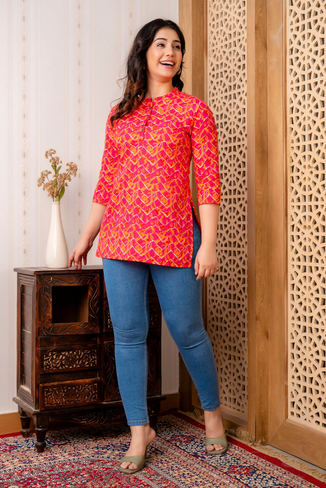 Fuchsia Pink Pure Cotton Printed Tunic Top