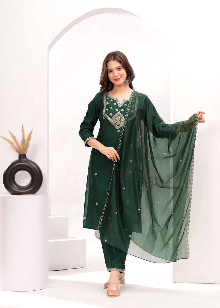 Forest Green Silk Blend Kurta Suit Set