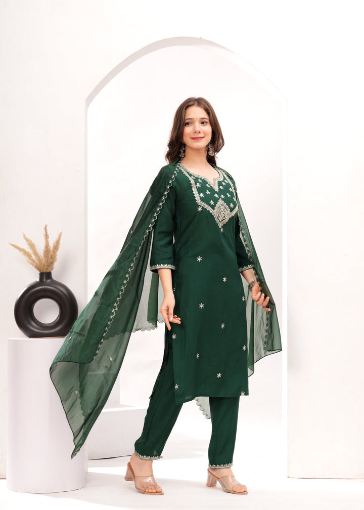 Forest Green Silk Blend Kurta Suit Set