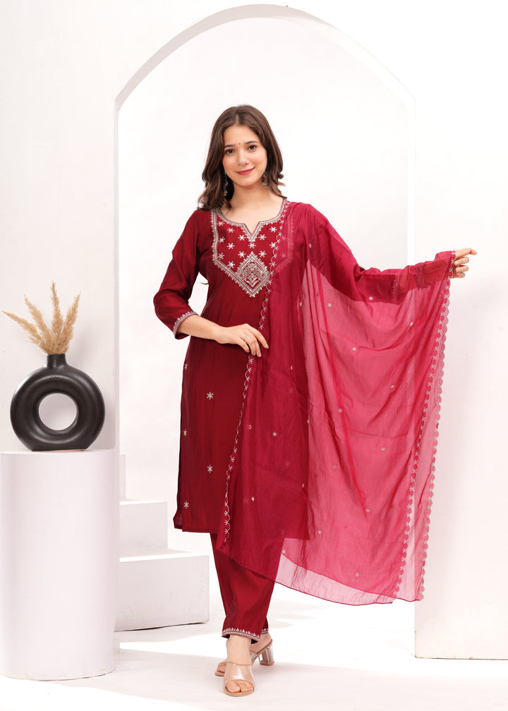 Maroon Silk Blend Kurta Suit Set