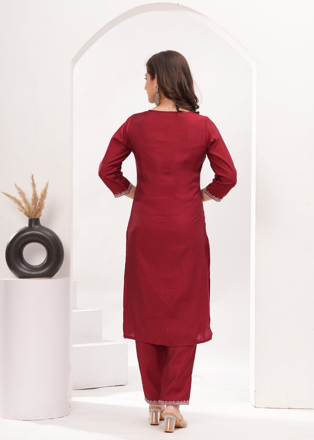 Maroon Silk Blend Kurta Suit Set