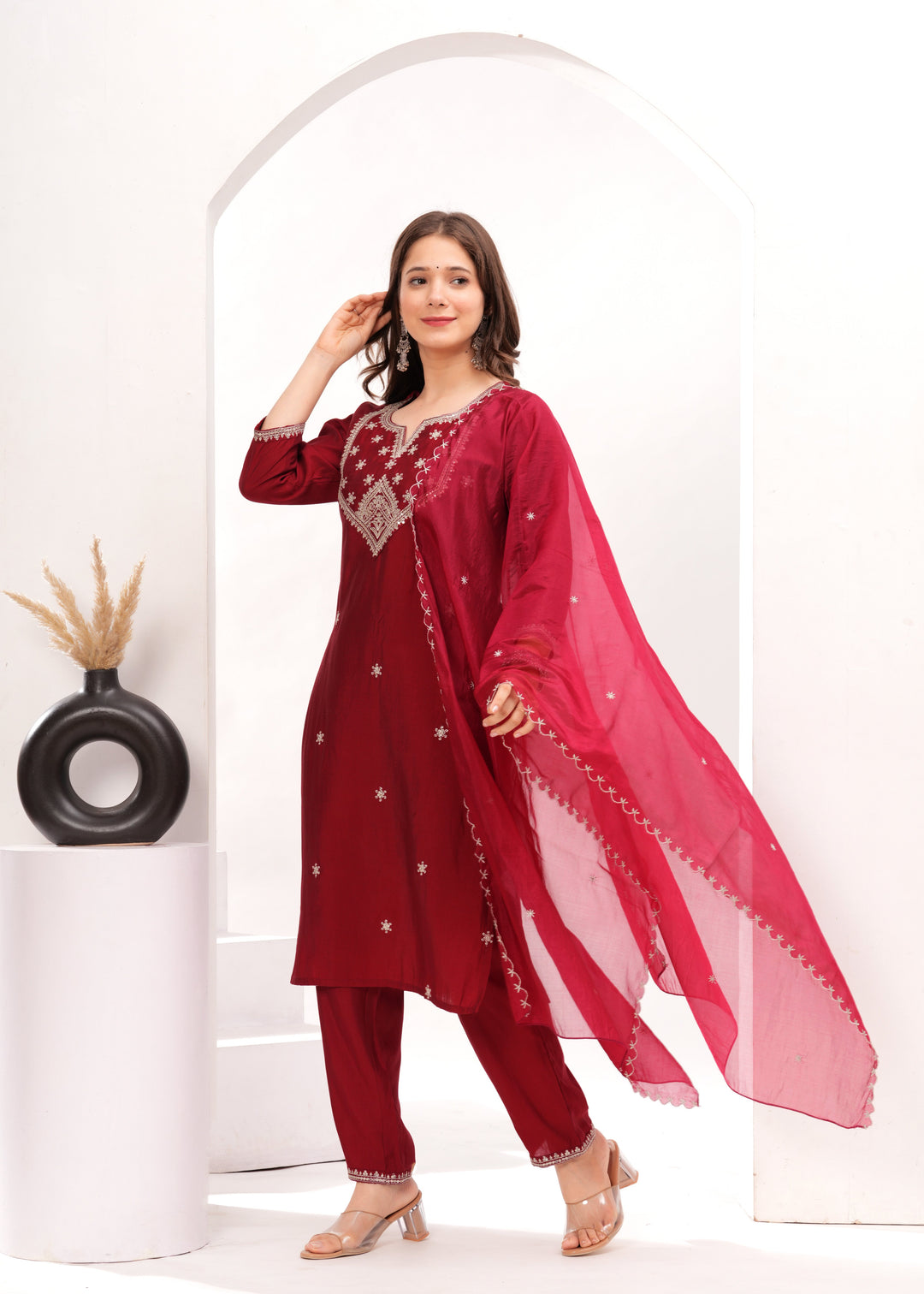 Maroon Silk Blend Kurta Suit Set