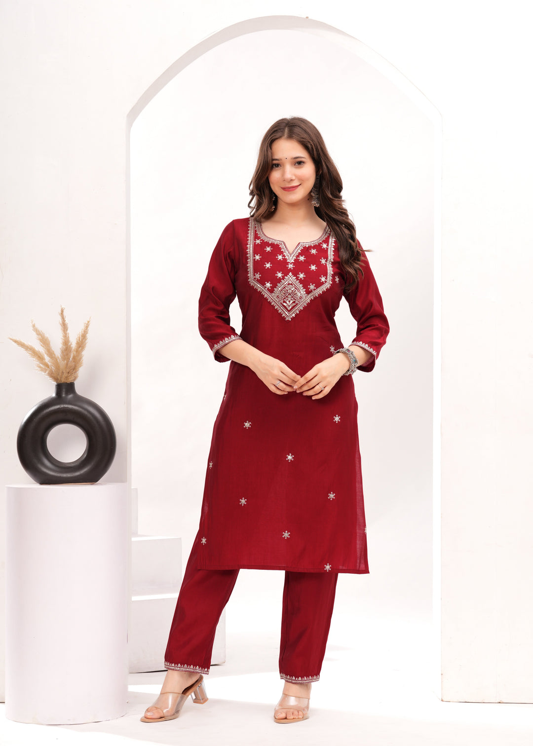 Maroon Silk Blend Kurta Suit Set