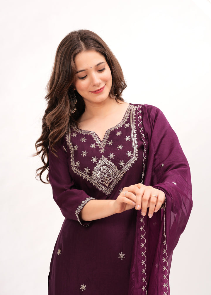 Purple Silk Blend Kurta Suit Set