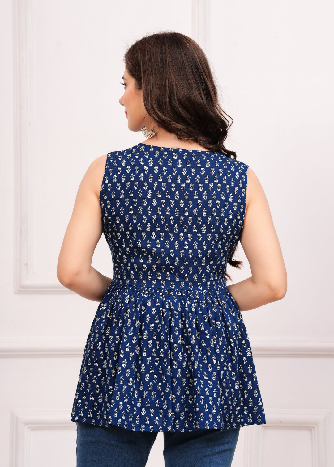 Dark Blue Rayon V-Neck Peplum Top