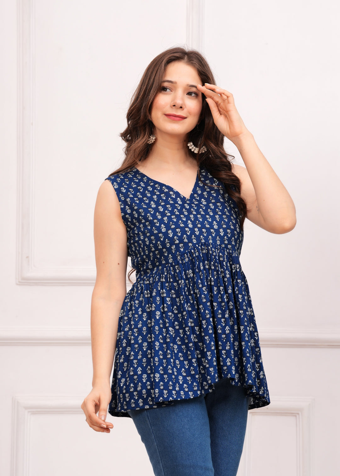 Dark Blue Rayon V-Neck Peplum Top