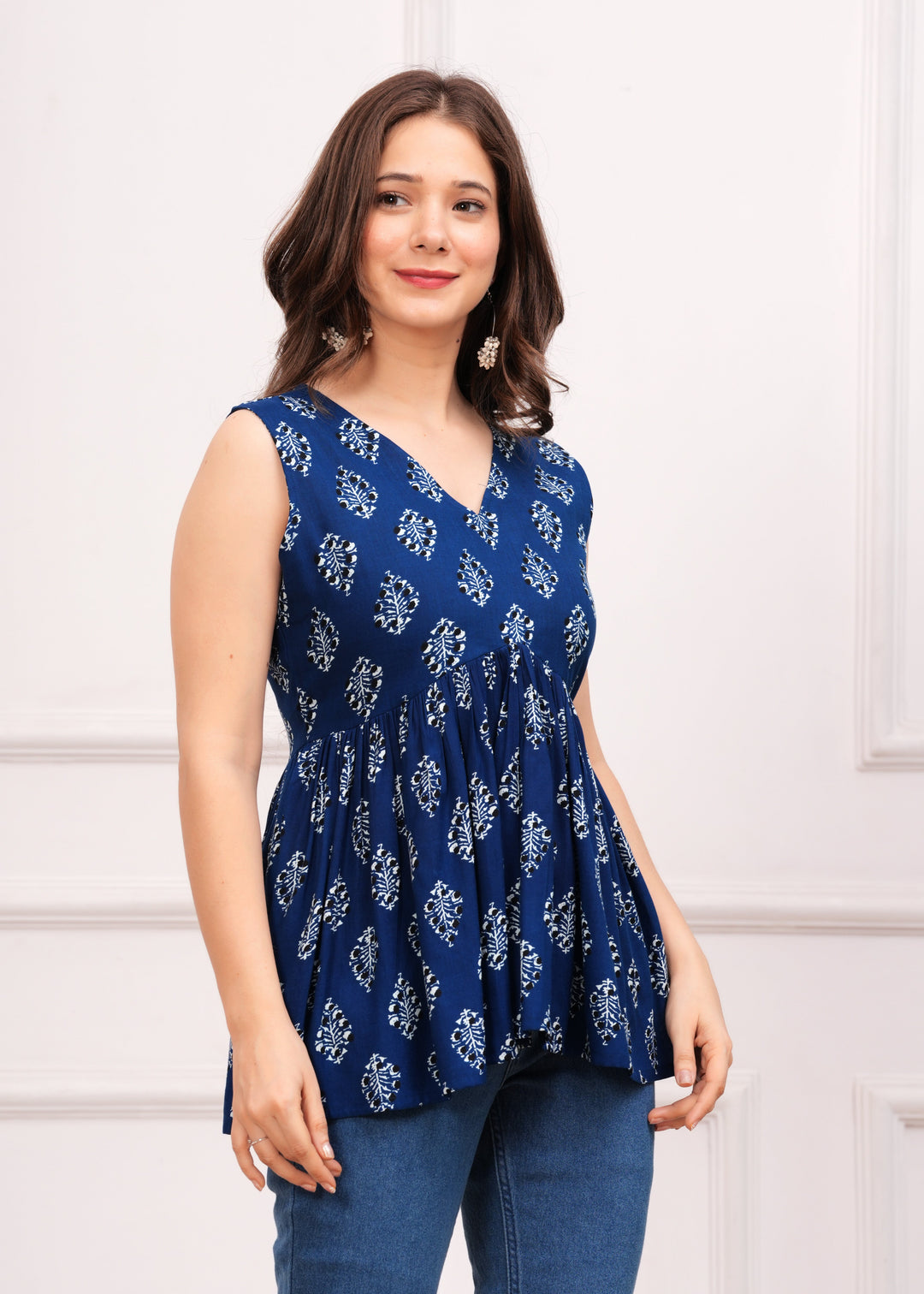 Dark Blue Rayon Sleeveless Peplum Top