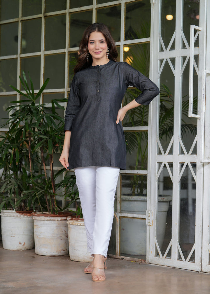 Black Cotton Blend Denim Kurti Tunic